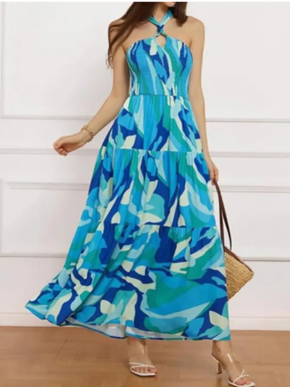 Grace Karin Halter Smocked Bust Tie Neck Maxi Dress | Blue Multi | Size M